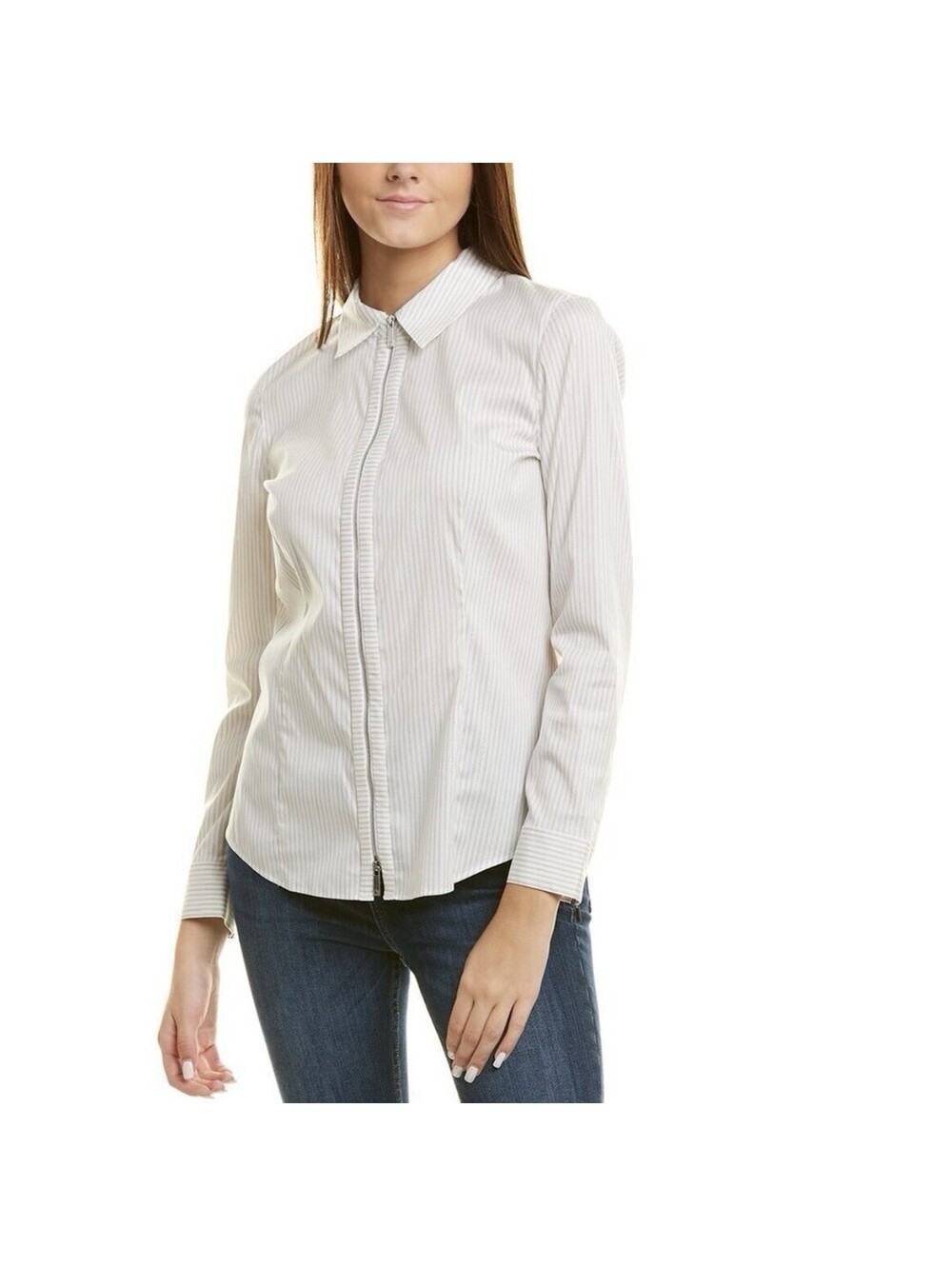 LAFAYETTE 148 NEW YORK "Connor" Glistening Stripe Zip-Up Top In Gray|White-14
